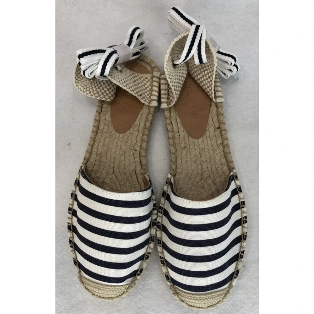 J. Crew Womens Sz 8.5 Striped Espadrille Flats w/Ankle Ties Boho Summer Sandals - Picture 2 of 9